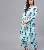 Blue floral print Gathered Waist Kurta