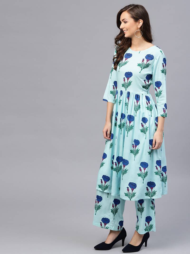 Blue floral print Gathered Waist Kurta