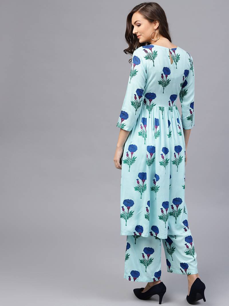Blue floral print Gathered Waist Kurta