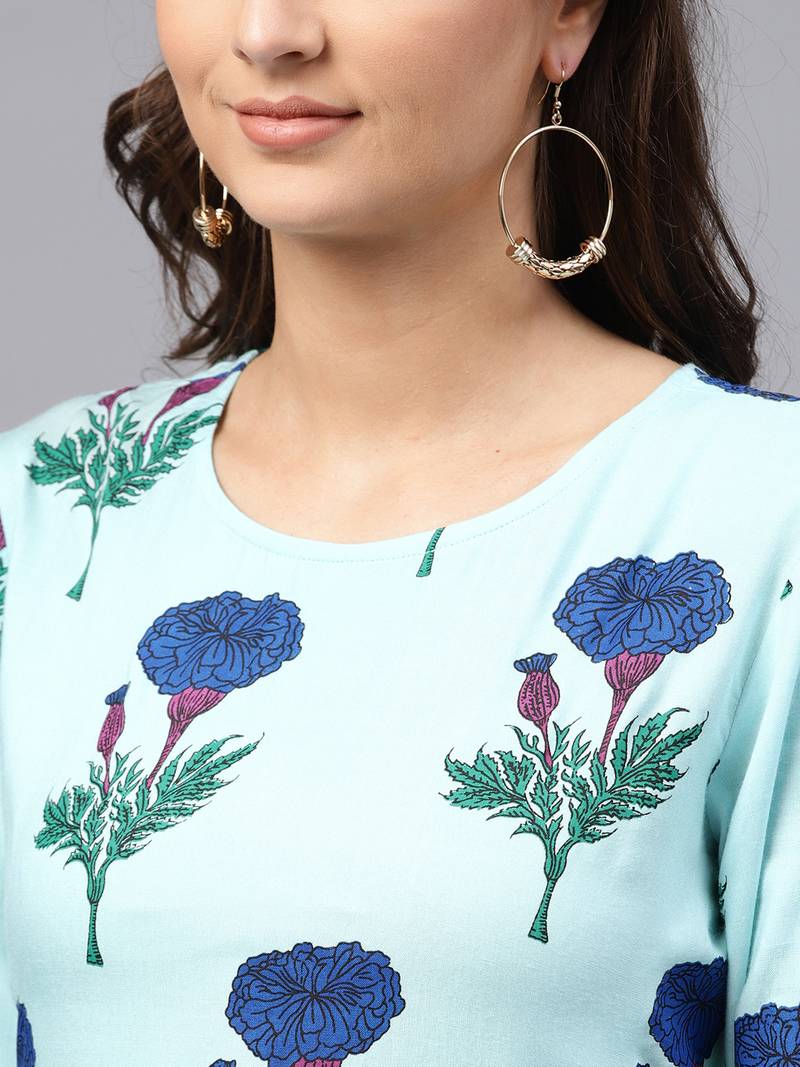 Blue floral print Gathered Waist Kurta