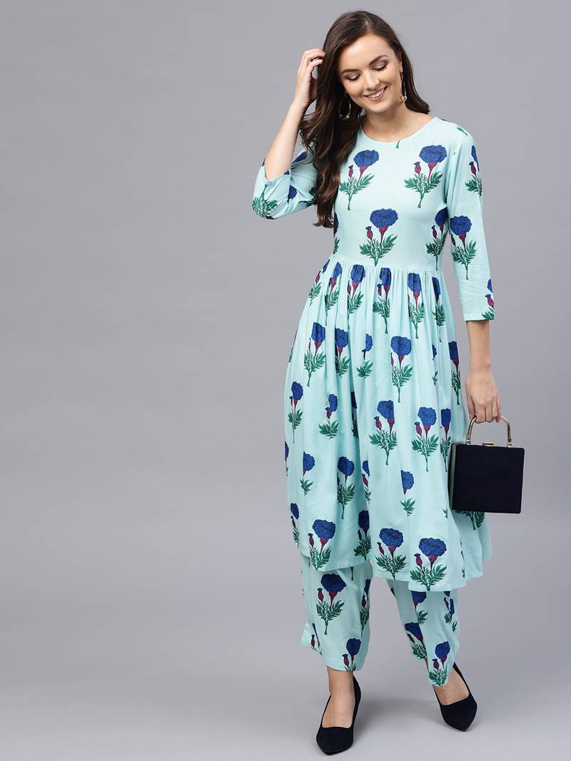 Blue floral print Gathered Waist Kurta