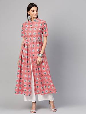 Pink floral print Front Slit Gathered Kurta 1