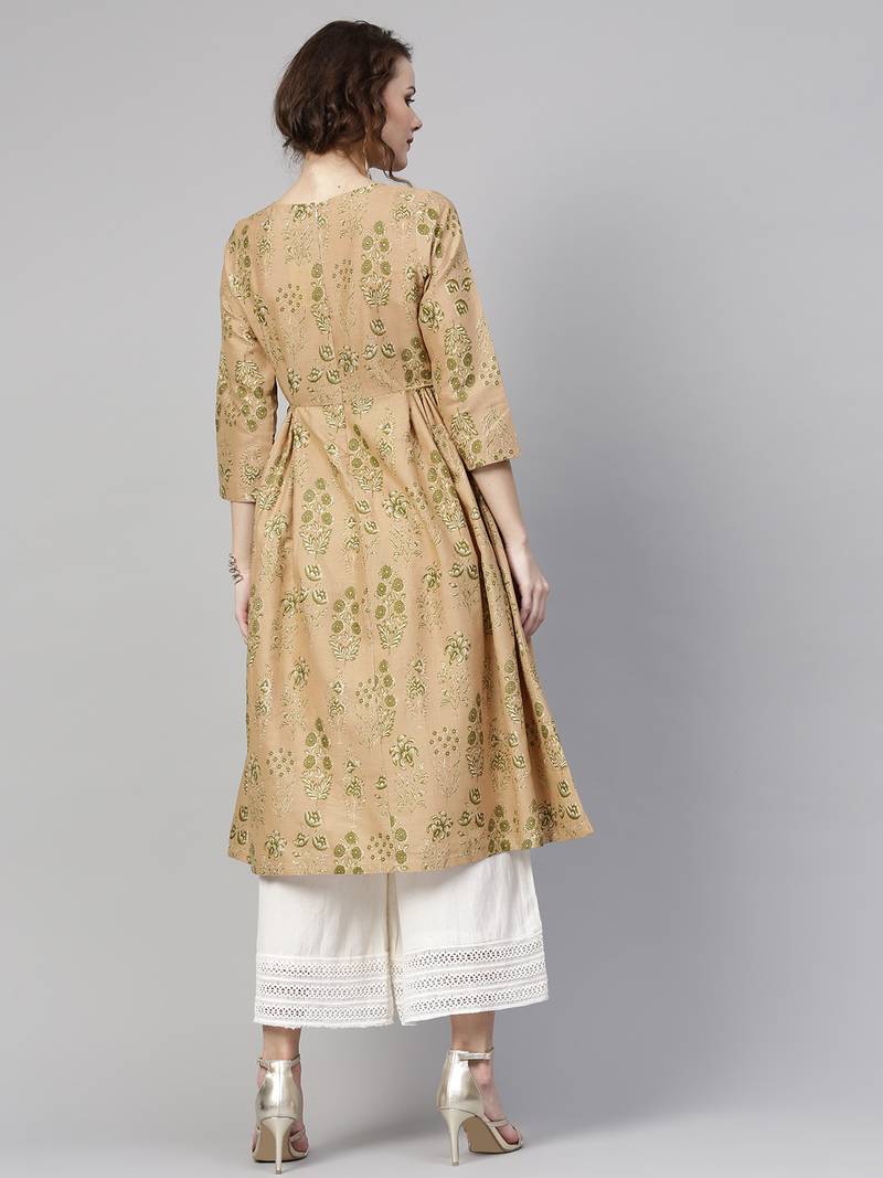 Women Yellow Floral Bishop Sleeves Tie-Up Kurta main image 1