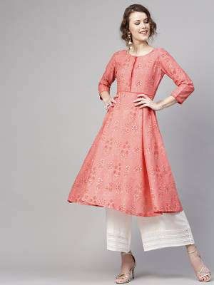 Coral floral print Piping Anarkali 1