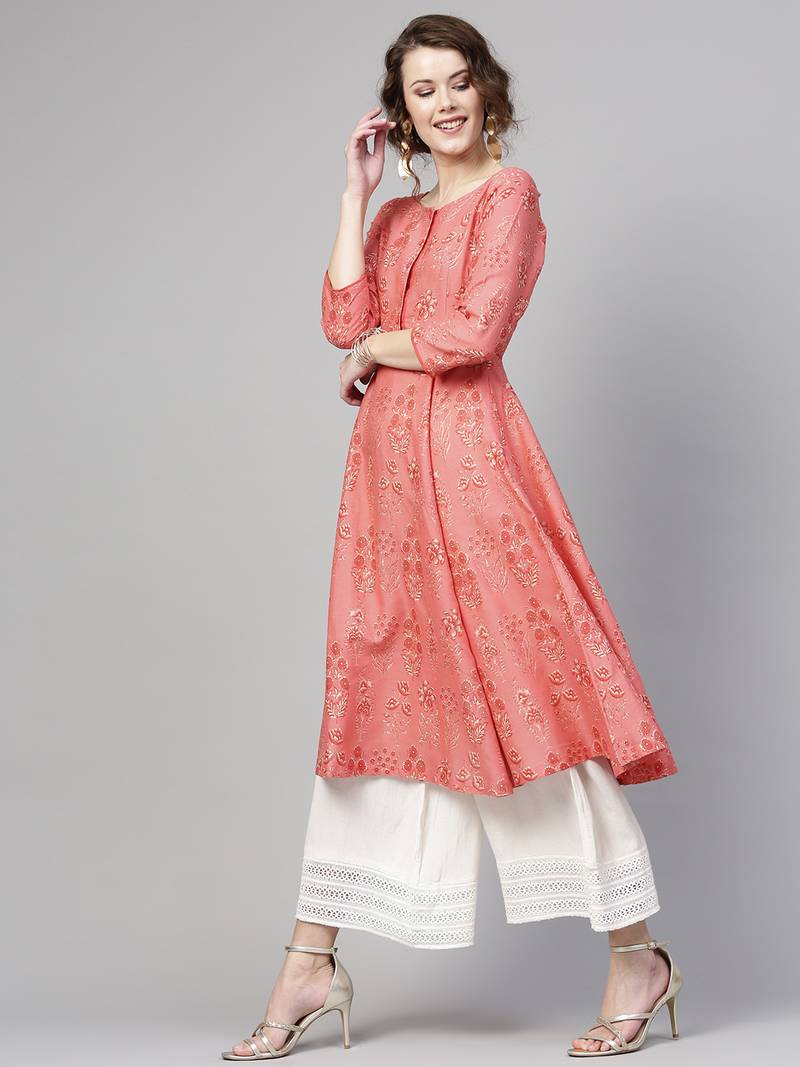 Coral floral print Piping Anarkali