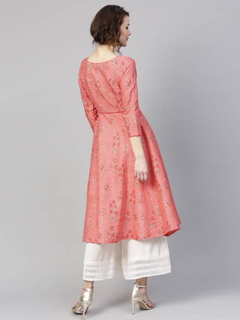 Coral floral print Piping Anarkali