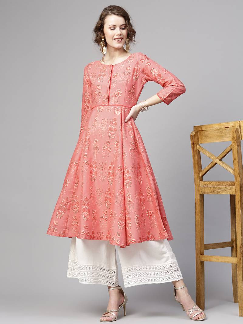 Coral floral print Piping Anarkali
