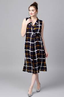 Navy Check Lapel Collar Wrap Ethnic Dress