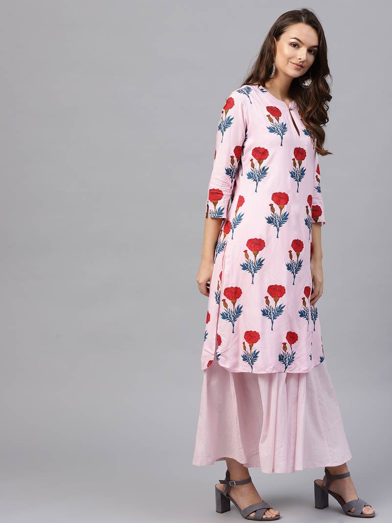 Pink floral_print Flared Layered Maxi