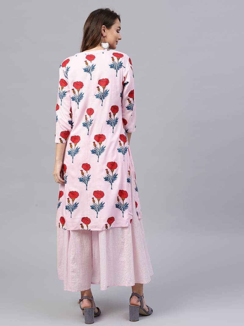 Pink floral_print Flared Layered Maxi