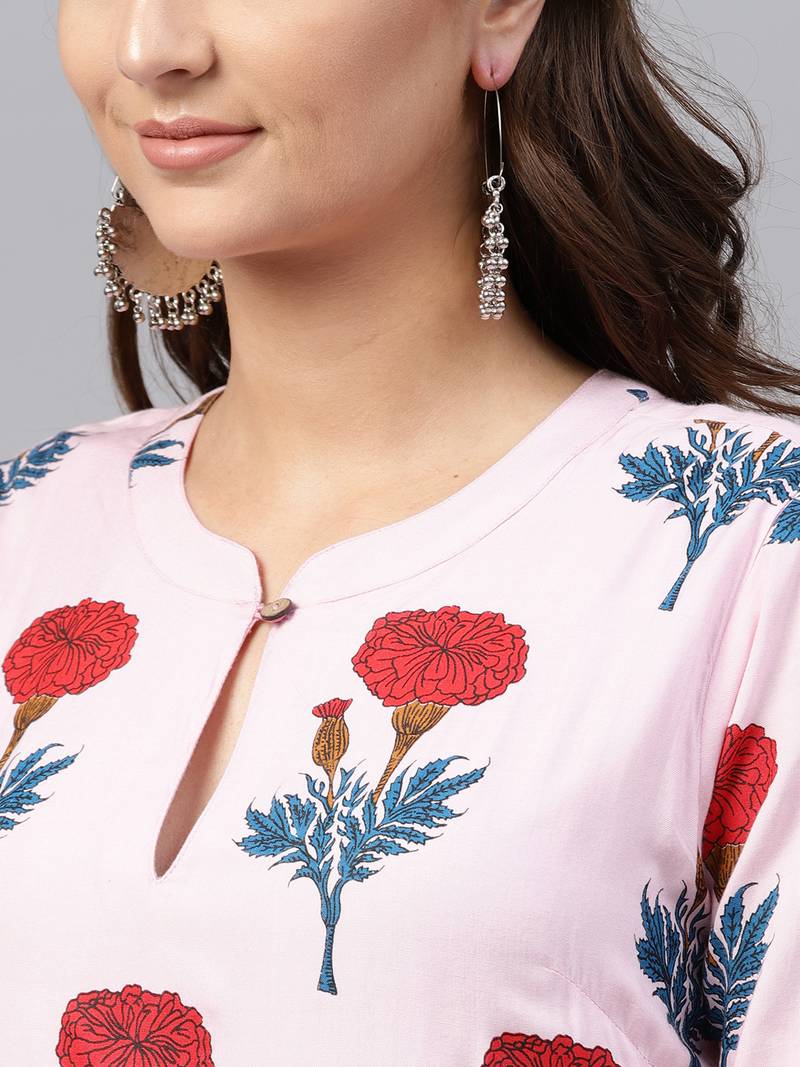 Pink floral_print Flared Layered Maxi