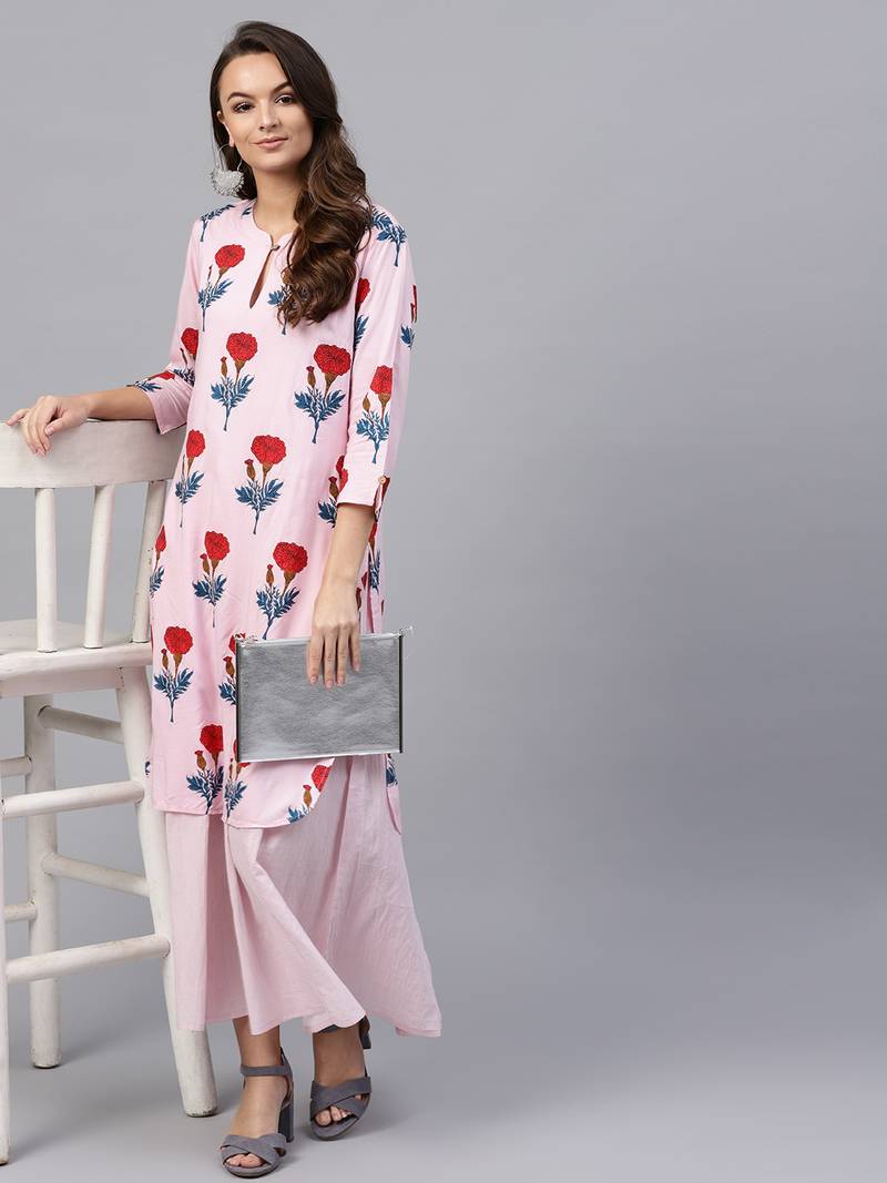 Pink floral_print Flared Layered Maxi