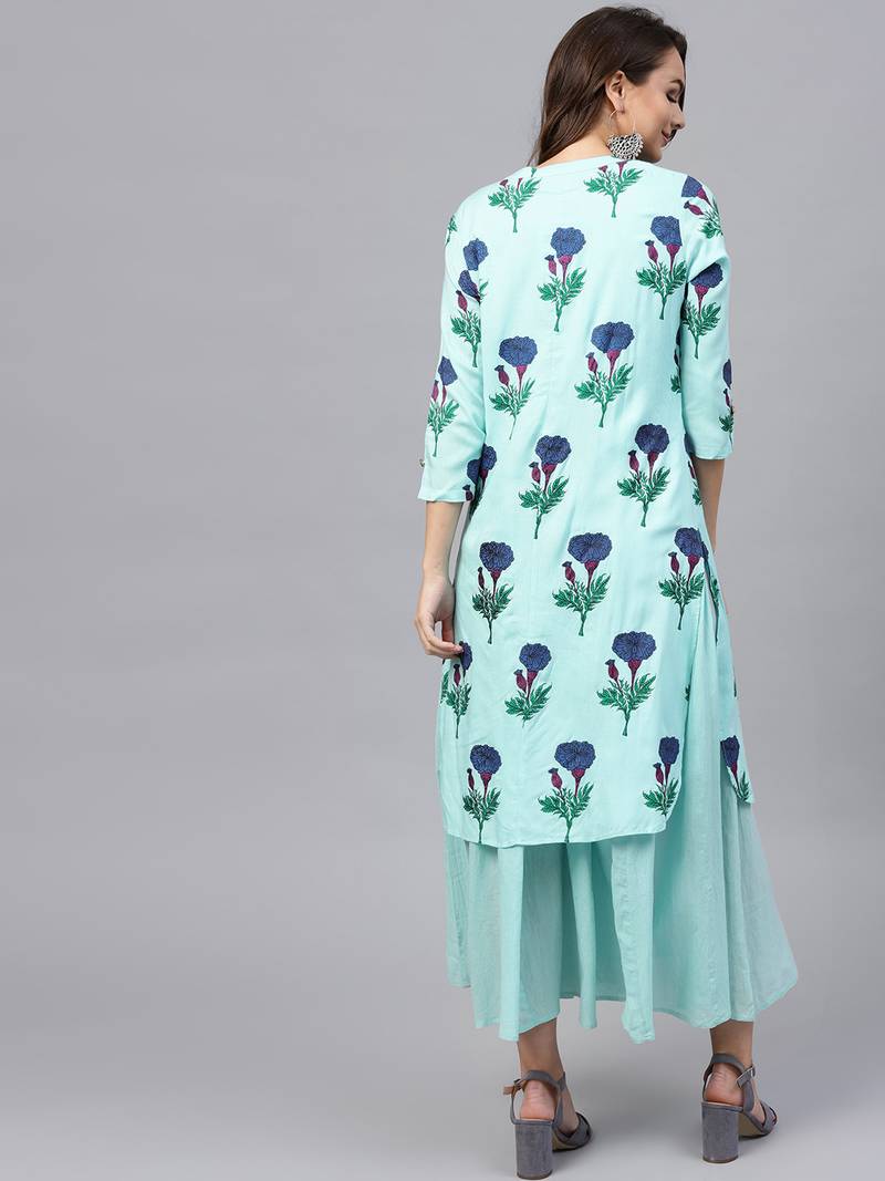 Blue floral_print Flared Layered Maxi