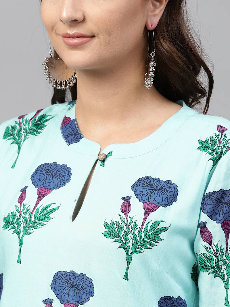 Blue floral_print Flared Layered Maxi