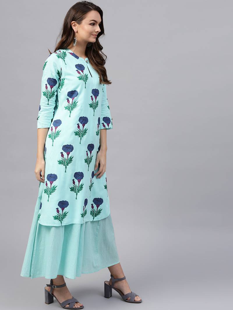 Blue floral_print Flared Layered Maxi