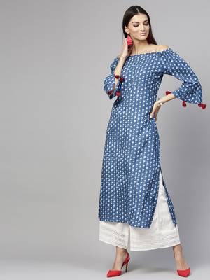 Dark Indigo floral print Off Shoulder Straight Kurta 1