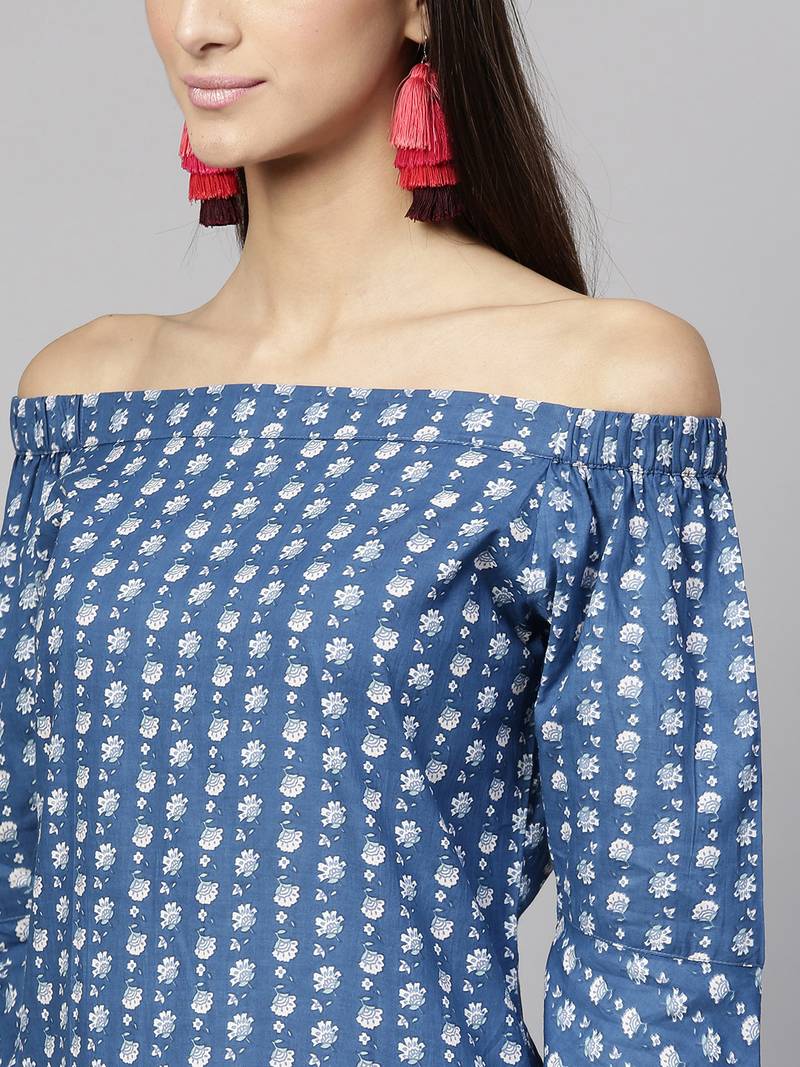 Dark Indigo floral print Off Shoulder Straight Kurta