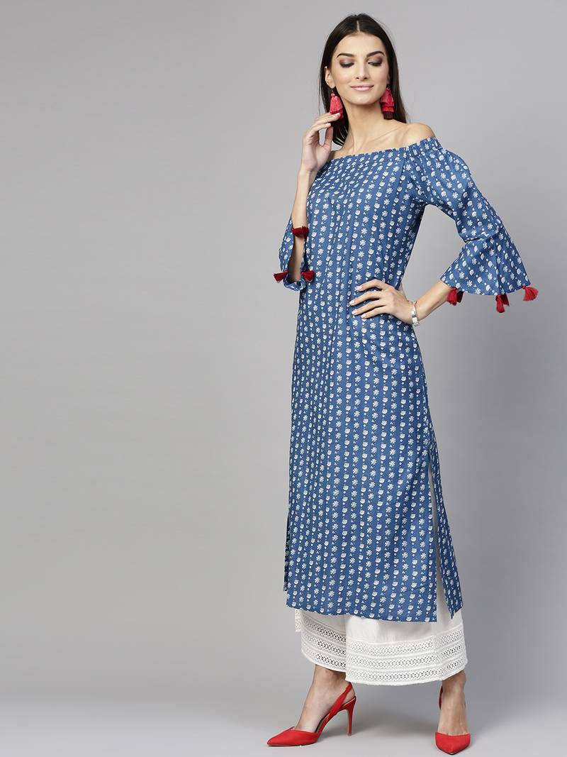 Dark Indigo floral print Off Shoulder Straight Kurta