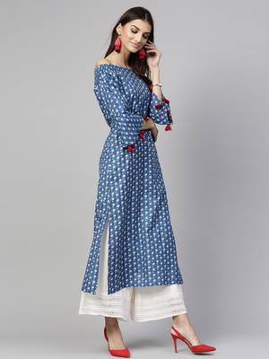 Dark Indigo floral print Off Shoulder Straight Kurta 4