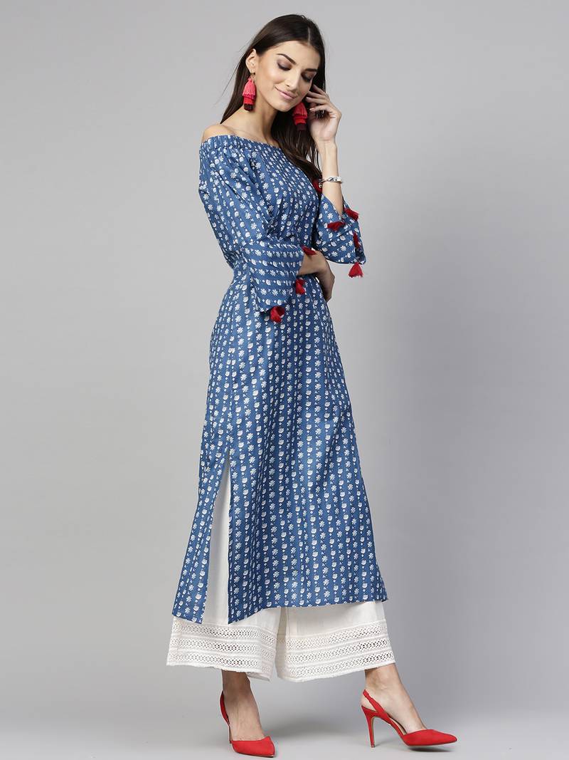 Dark Indigo floral print Off Shoulder Straight Kurta