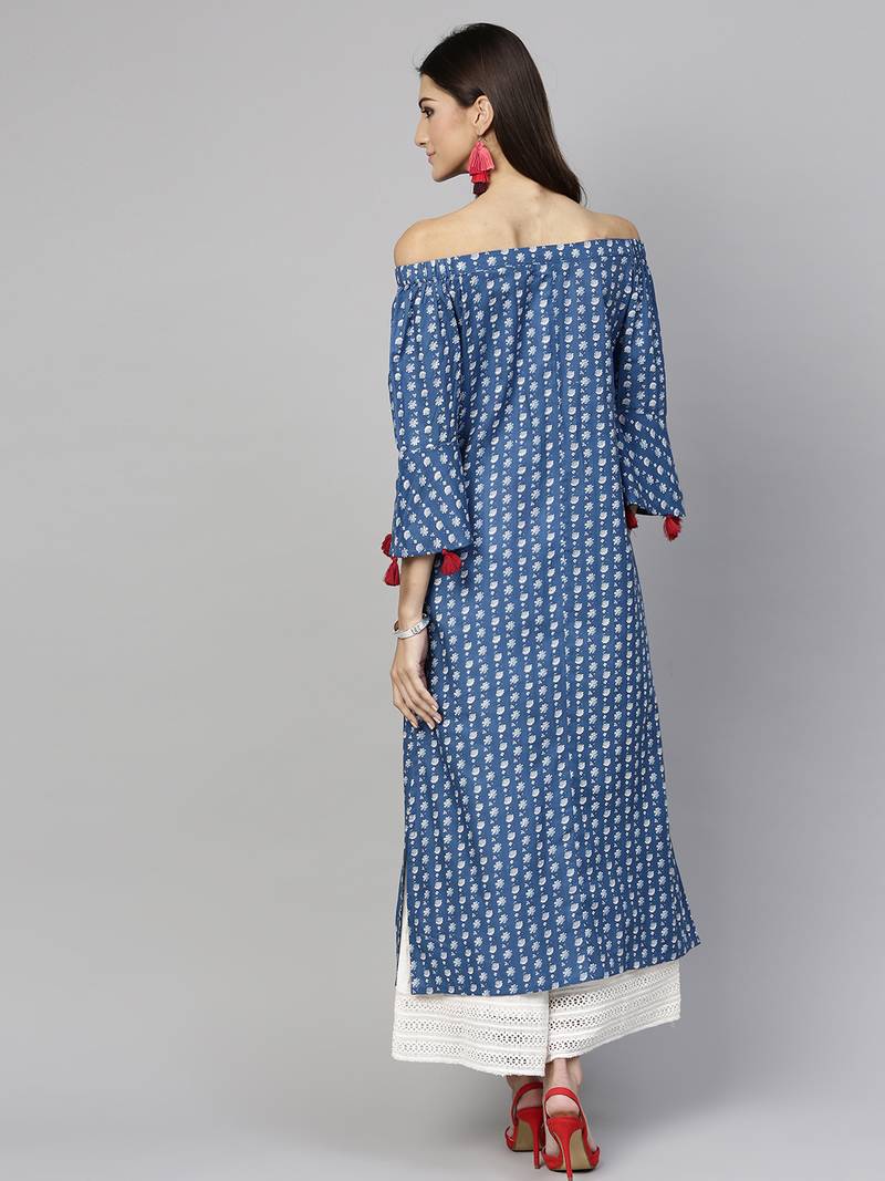 Dark Indigo floral print Off Shoulder Straight Kurta