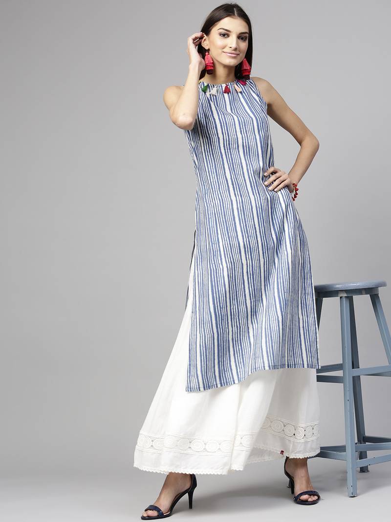 Indigo Stripe Sleeveless Straight Kurta SASSAFRAS 2935154