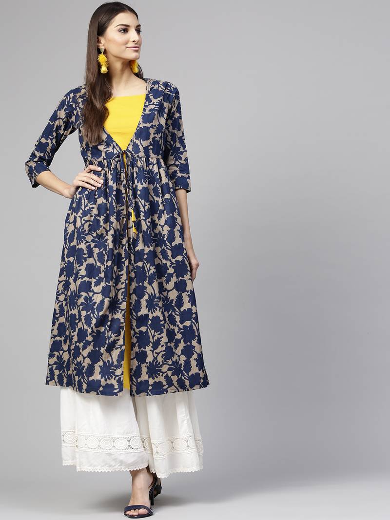 Grey Indigo floral print Mock Shrug Kurta