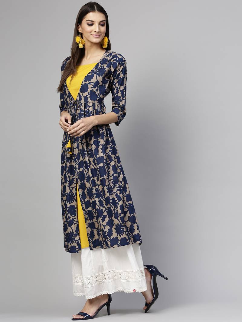 Grey Indigo floral print Mock Shrug Kurta