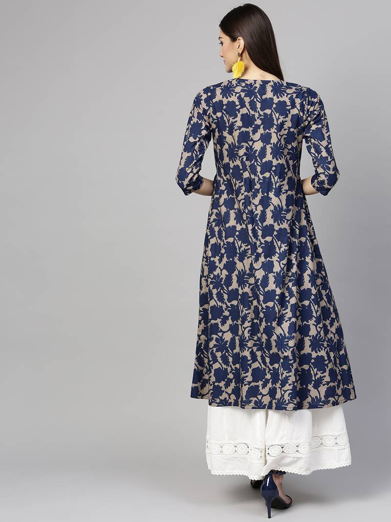 Grey Indigo floral print Mock Shrug Kurta