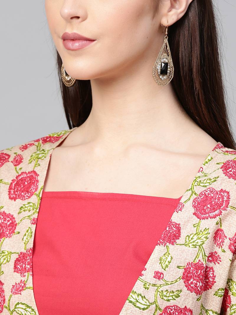 Beige Pink floral print Mock Shrug Kurta