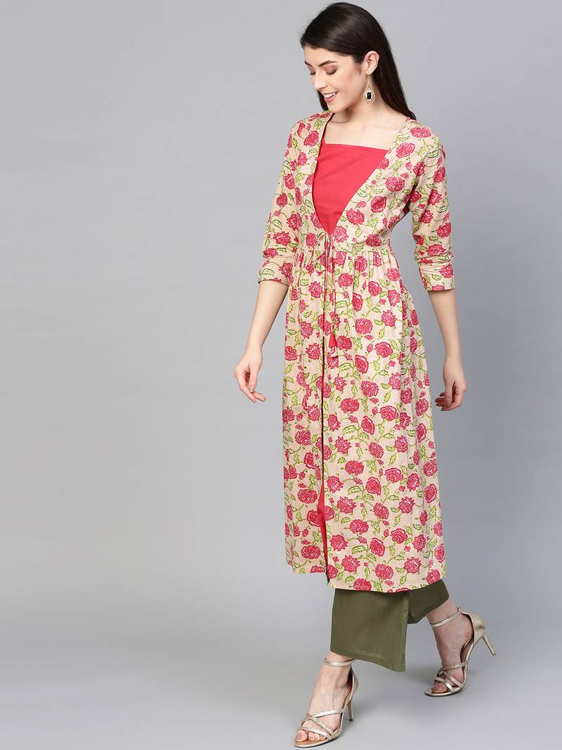 Beige Pink floral print Mock Shrug Kurta