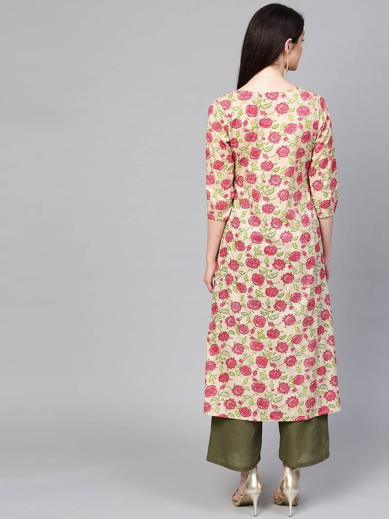 Beige Pink floral print Mock Shrug Kurta