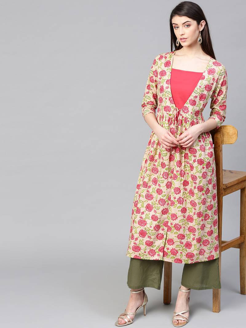 Beige Pink floral print Mock Shrug Kurta
