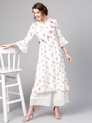 White floral print Front Tassel Kurta 1