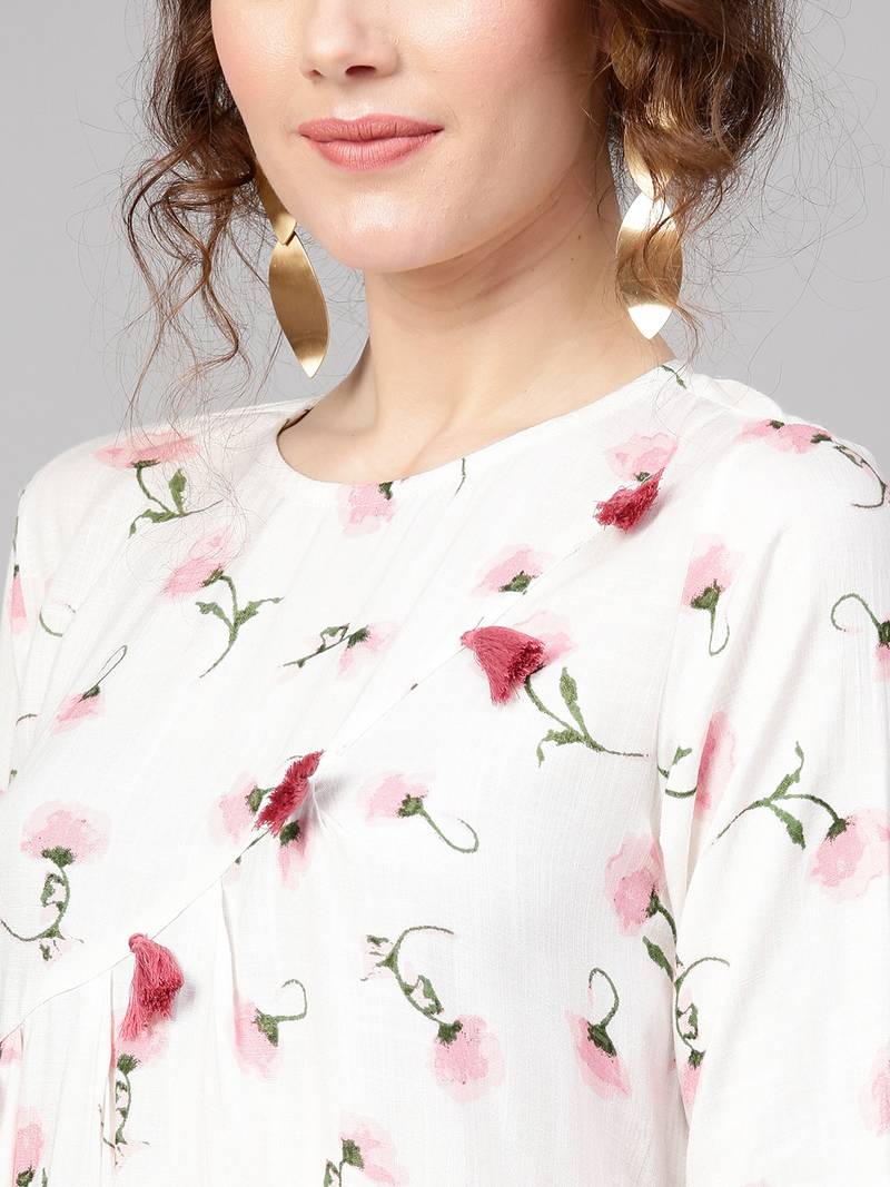 White floral print Front Tassel Kurta
