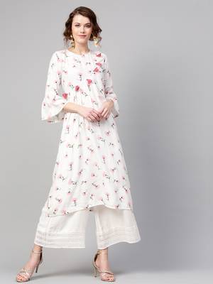 White floral print Front Tassel Kurta 3