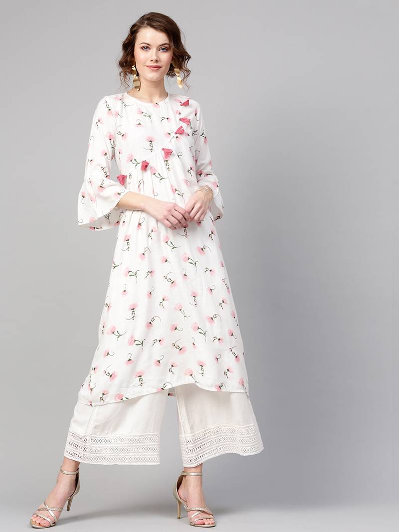White floral print Front Tassel Kurta