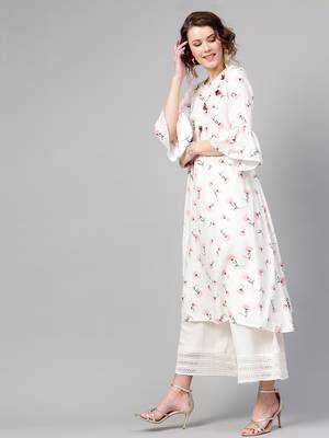 White floral print Front Tassel Kurta 4