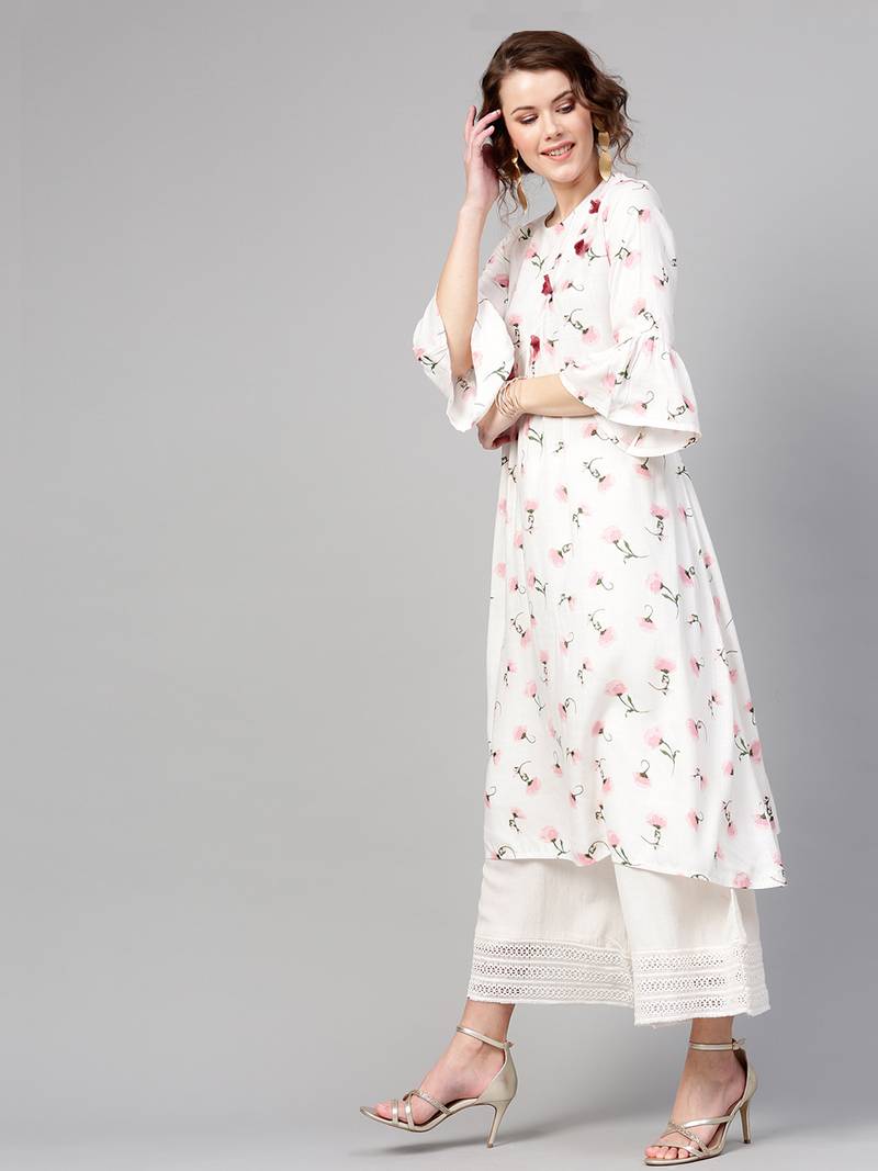 White floral print Front Tassel Kurta