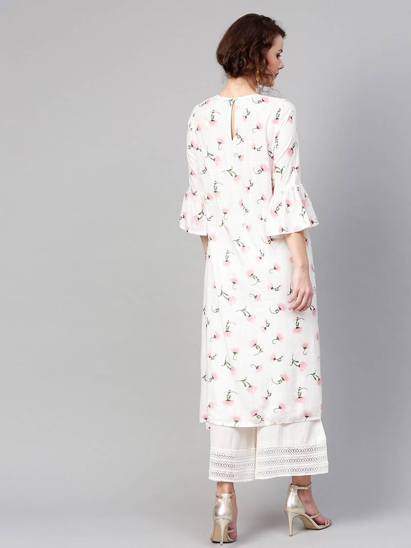 White floral print Front Tassel Kurta