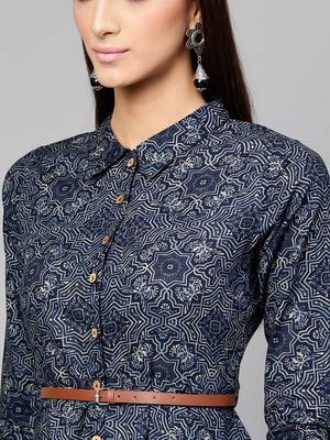 Indigo Geo Print Belted Shirt Dress 1