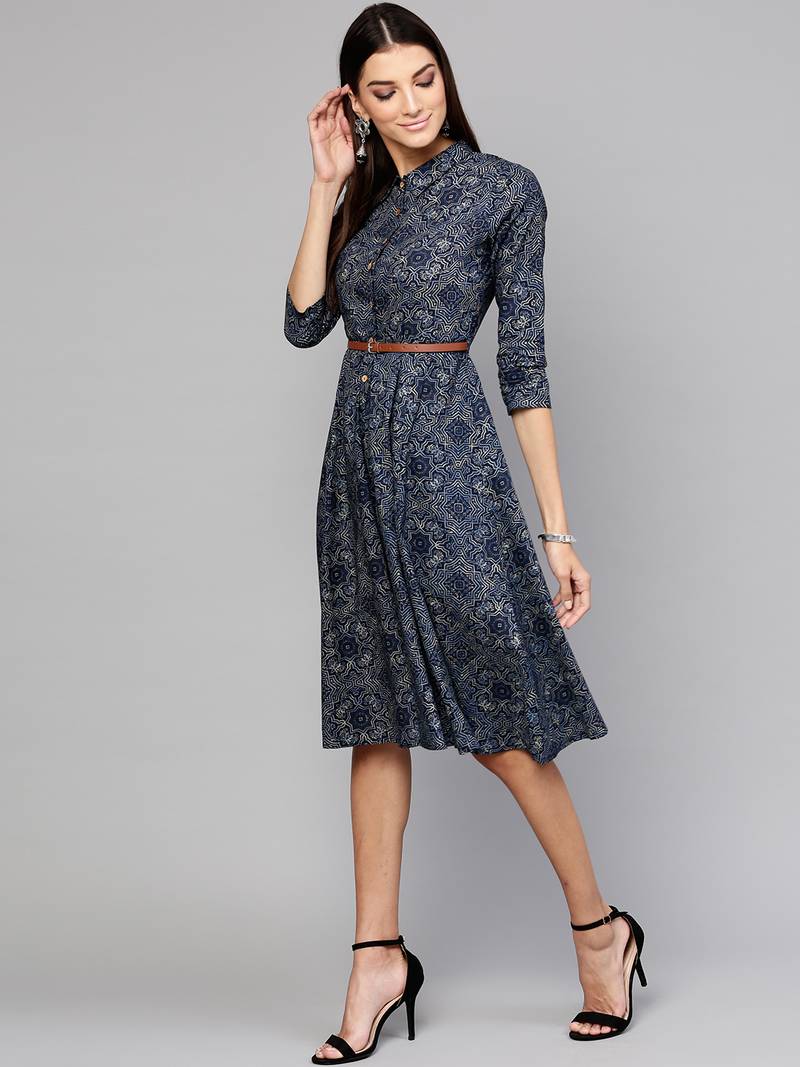 Indigo Geo Print Belted Shirt Dress