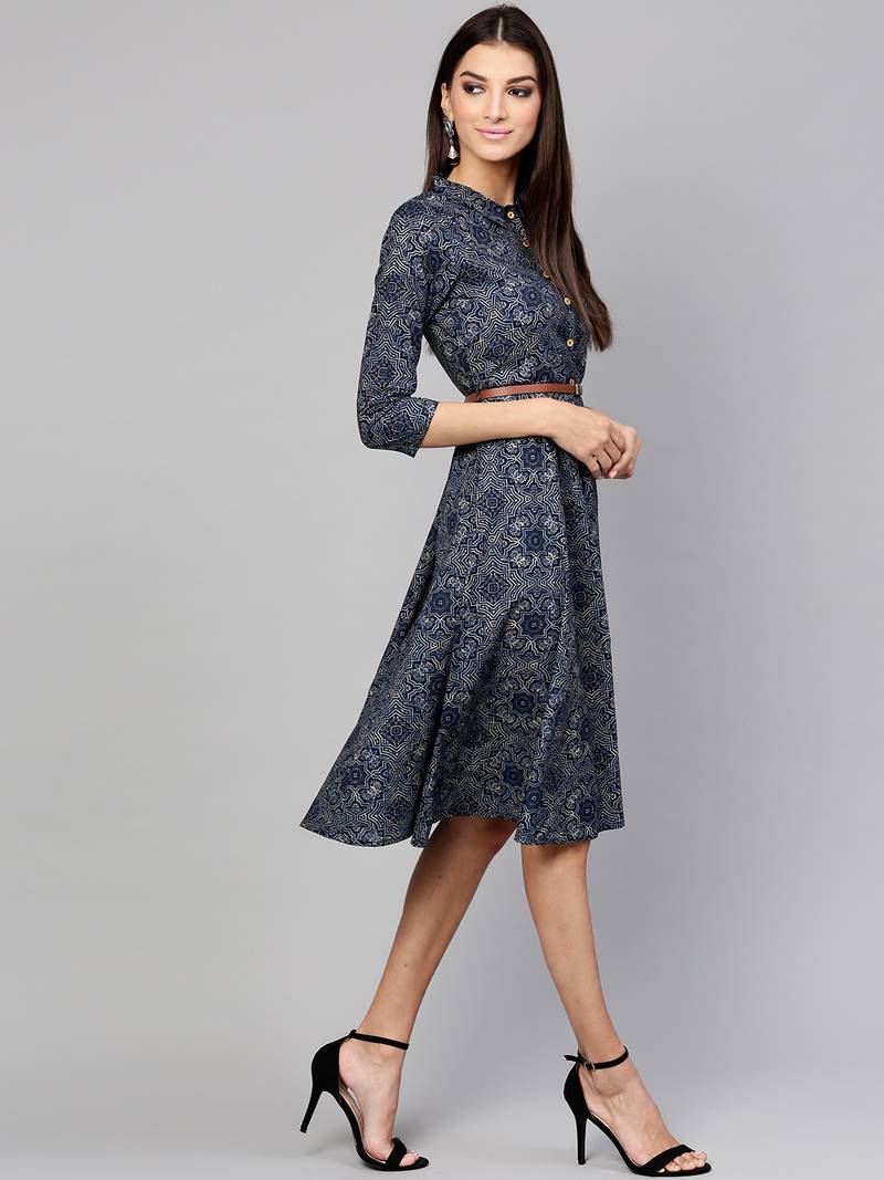 Indigo Geo Print Belted Shirt Dress