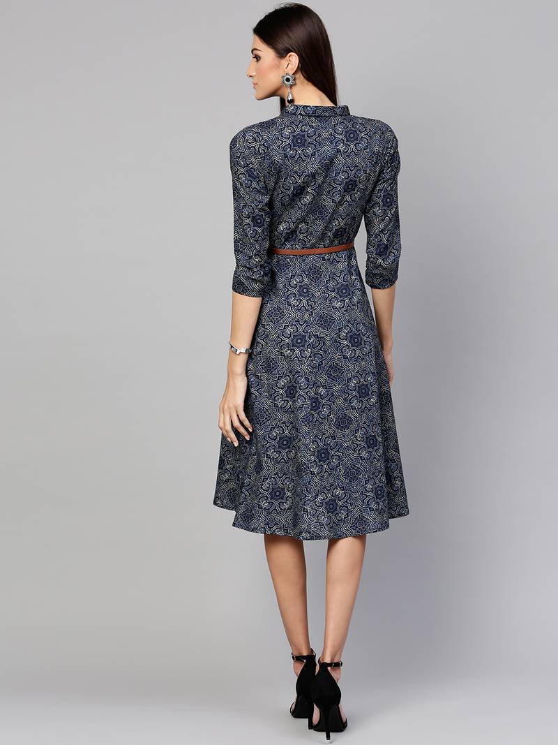 Indigo Geo Print Belted Shirt Dress