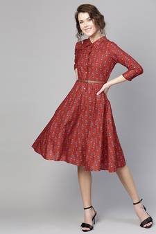 Red floral_print Belted Shirt Dress