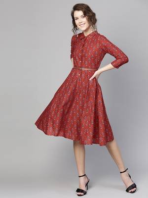 Red floral_print Belted Shirt Dress 1