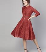 Red floral_print Belted Shirt Dress