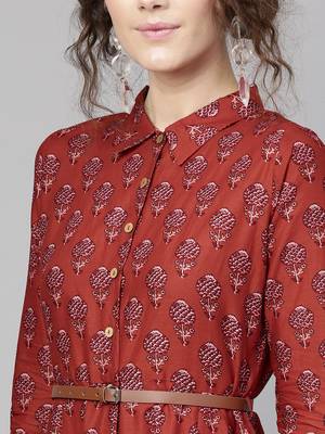 Red floral_print Belted Shirt Dress 2