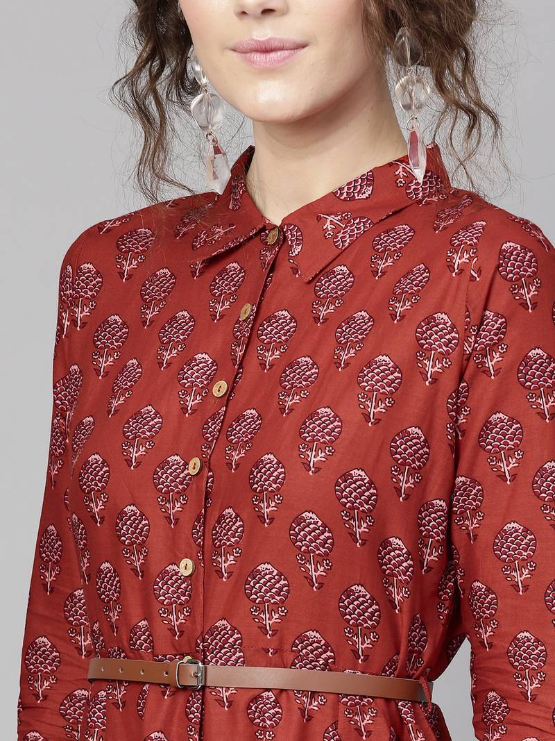 Red floral_print Belted Shirt Dress