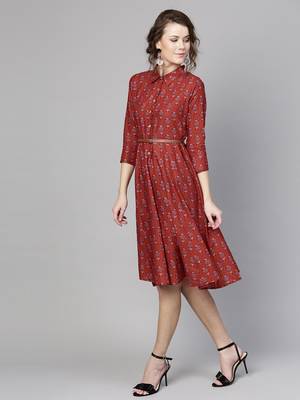 Red floral_print Belted Shirt Dress 3